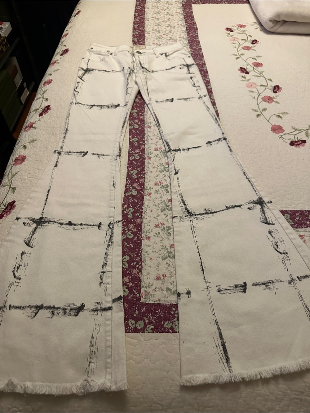 Free People White Flare Jeans with Black Brushstroke Design